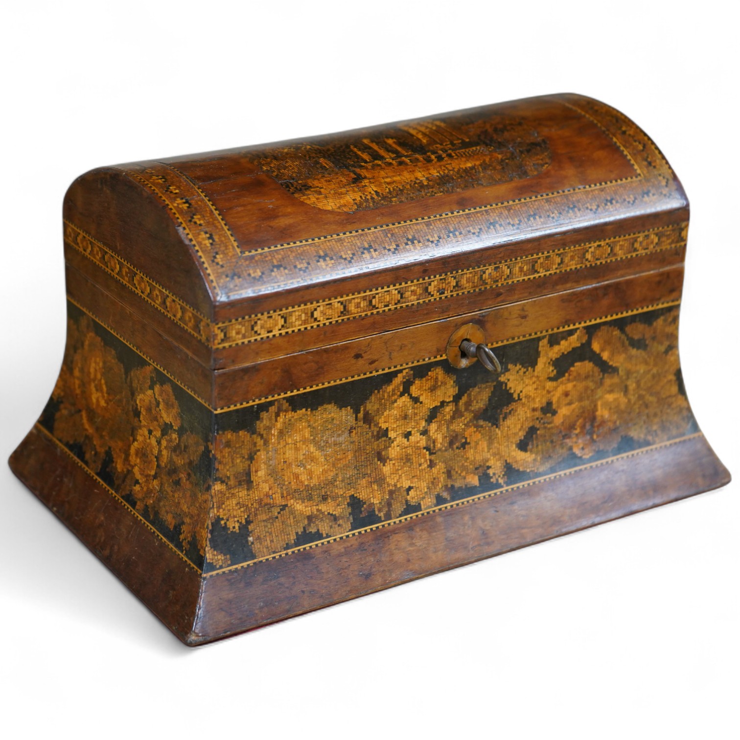 A Tunbridgeware box of domed form, with a scene of an Abbey ruins, 25cm wide